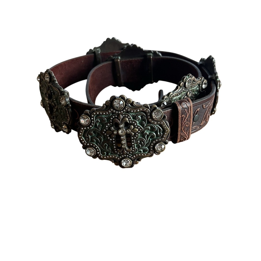 Tony Lama Brown Tooled Leather Swarovski Crystals Concho Cross Western Belt 38